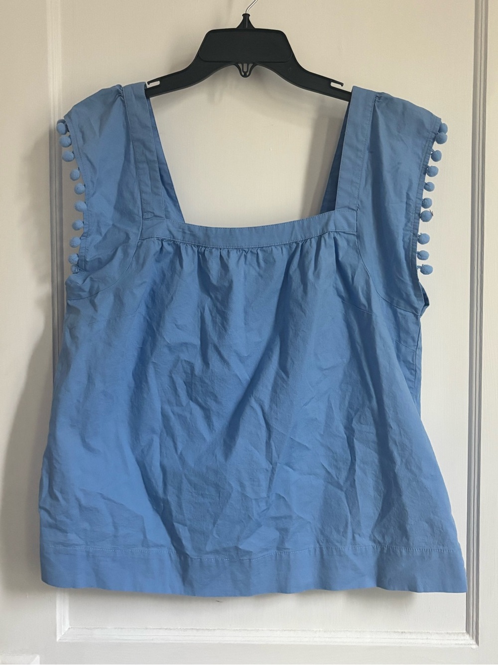 Jcrew Blue Cotton Women’s Blue Square-Neck Pom Pom Sleeve Top